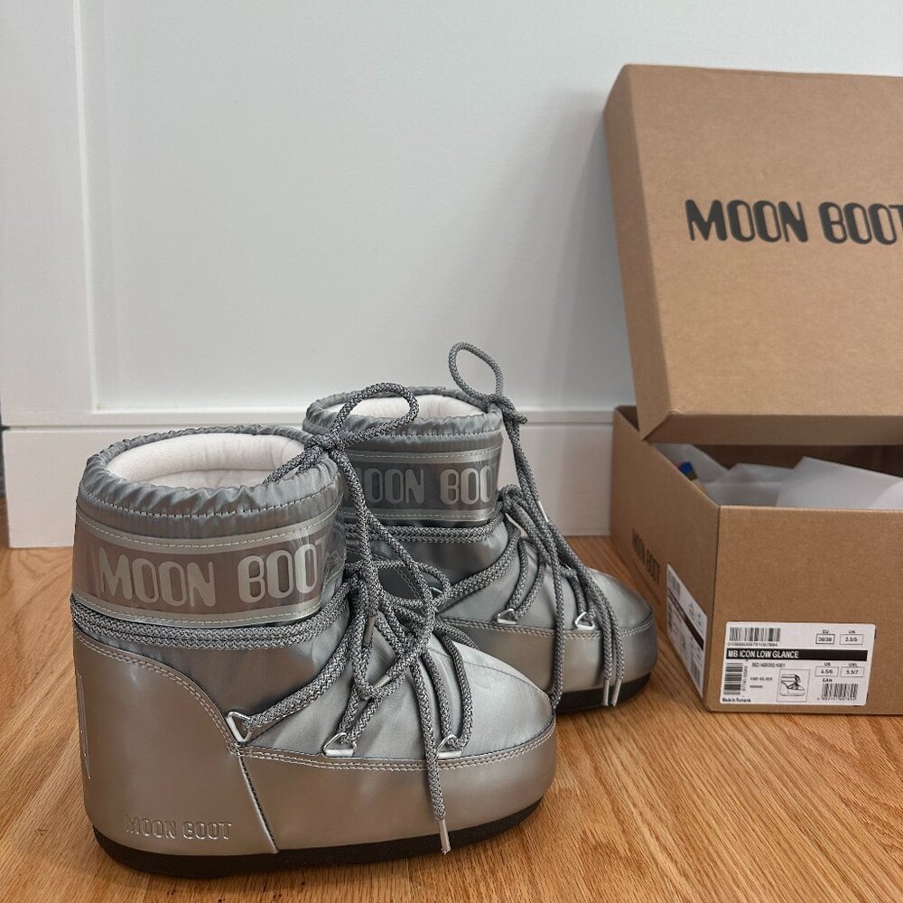 Brand New Moonboot Icon Low Glance Silver Satin Boots Grey